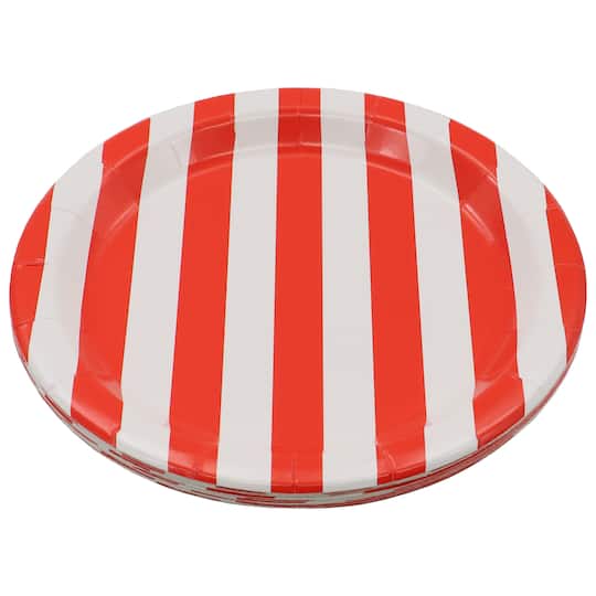 24 Packs: 10 ct. (240 total) 7" Red & White Stripes Snack Plates by Celebrate It™